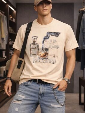 Men's Graphic Tee - Beige 'Backyard' Print